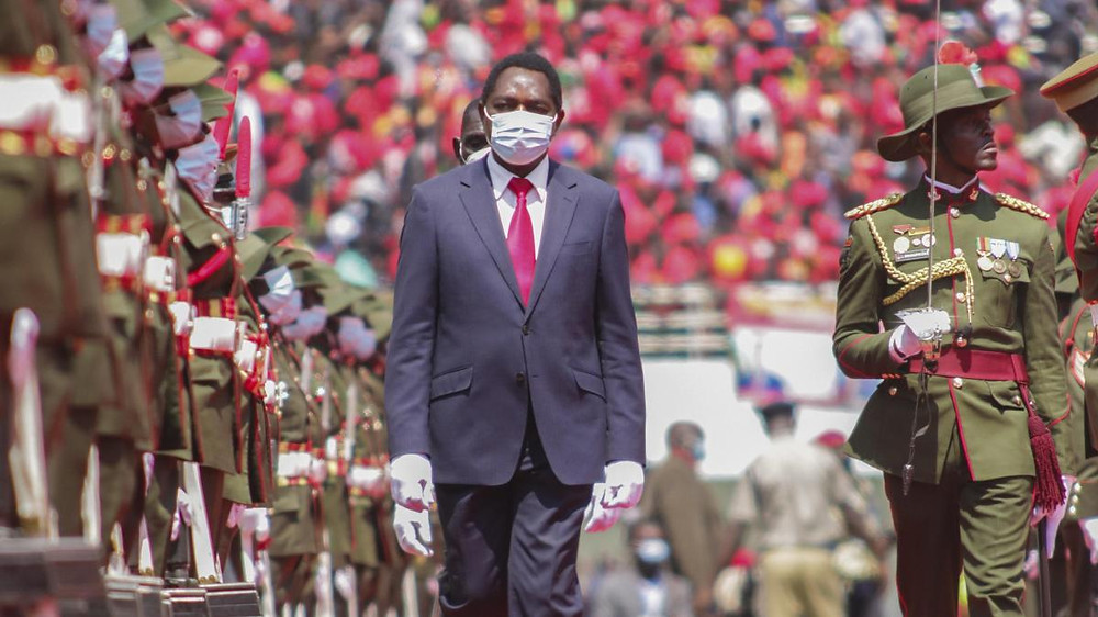 His Excellency Mr. Hakahinde Hichilema given a guard of honour by the Zambian Army on his inaguaration ceremony.